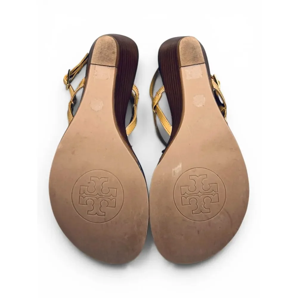 Tory Burch Shelby Flower Thong Wedge Sandals Camel Patent Leather 6.5